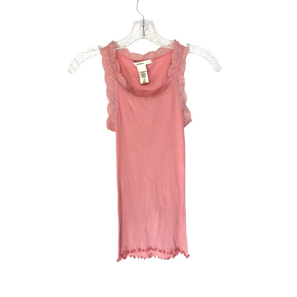Merona Pink‎ Ribbed Cotton Stretch Y2K Lace Trim Ruffle Tank Top Size Medium